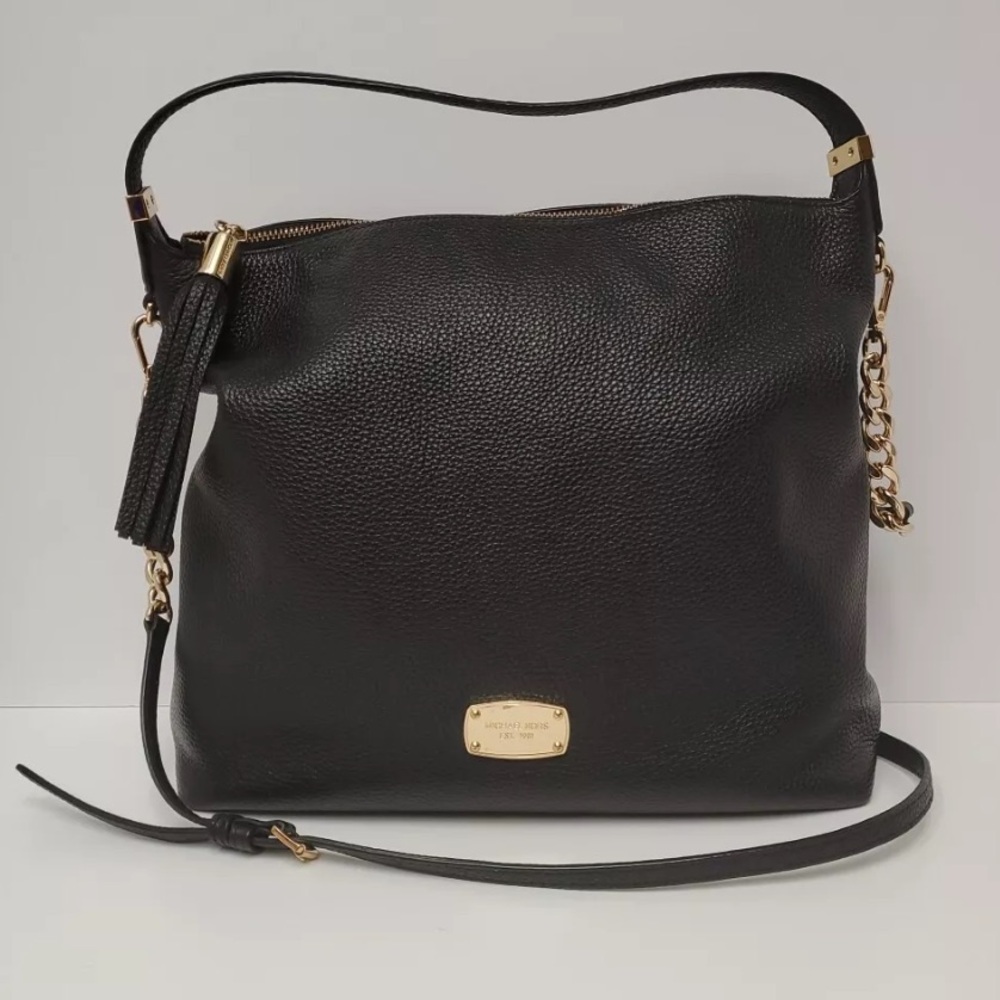 Michael Kors Bedford Large Pebble Leather Top Zip Shoulder Bag Black Gold...